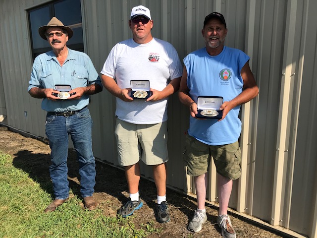 Winning belt buckles in the President's Handicap at the Grand were Bob Dorzok, senior vet third; Roger Taylor Jr., 21-22 champ; and Dave Marohl, event third place after a near-perfect score. In the AIM Grand National's doubles event, Cody Barwick was sub-junior B runnerup, while Dalton (Sparky) Kellner placed second in junior gold C standings.